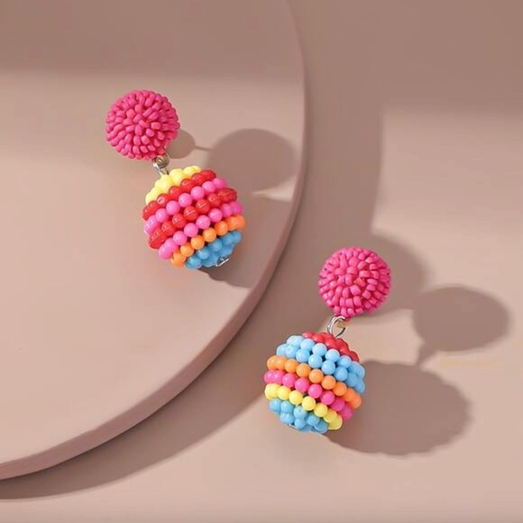 NEW Colorful Beaded Ball Drop Earrings Multicolor Rainbow Festival Boho Vacation - Picture 1 of 6